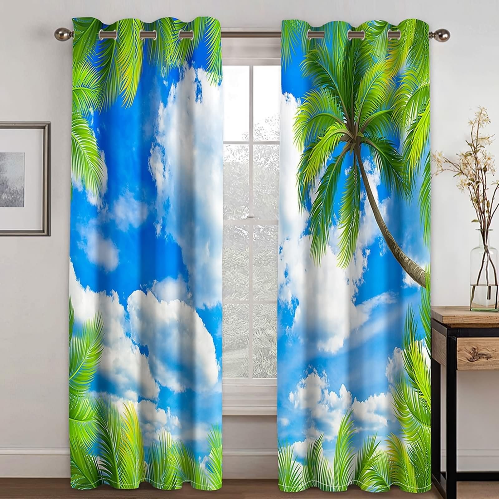 Kit de cortina de salón, cortina de salón, pequeña ventana, azul, verde, paisaje de palmeras y cielos y nubes, poliéster, juego de 2 468 x 214 cm