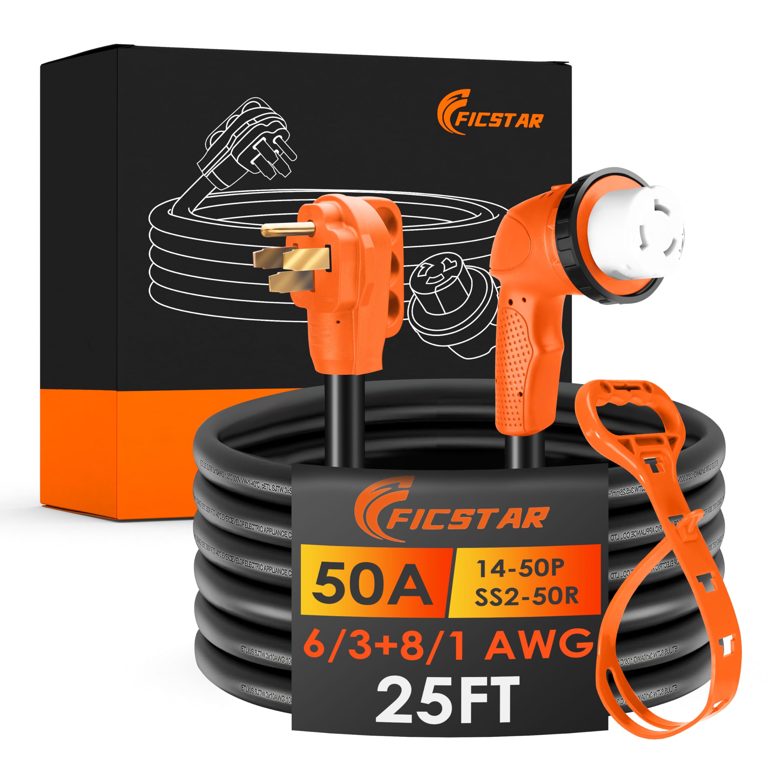 Ficstar 50 Amp RV Extension Cord 25 ft, Heavy Duty 6/3+8/1 SJTW