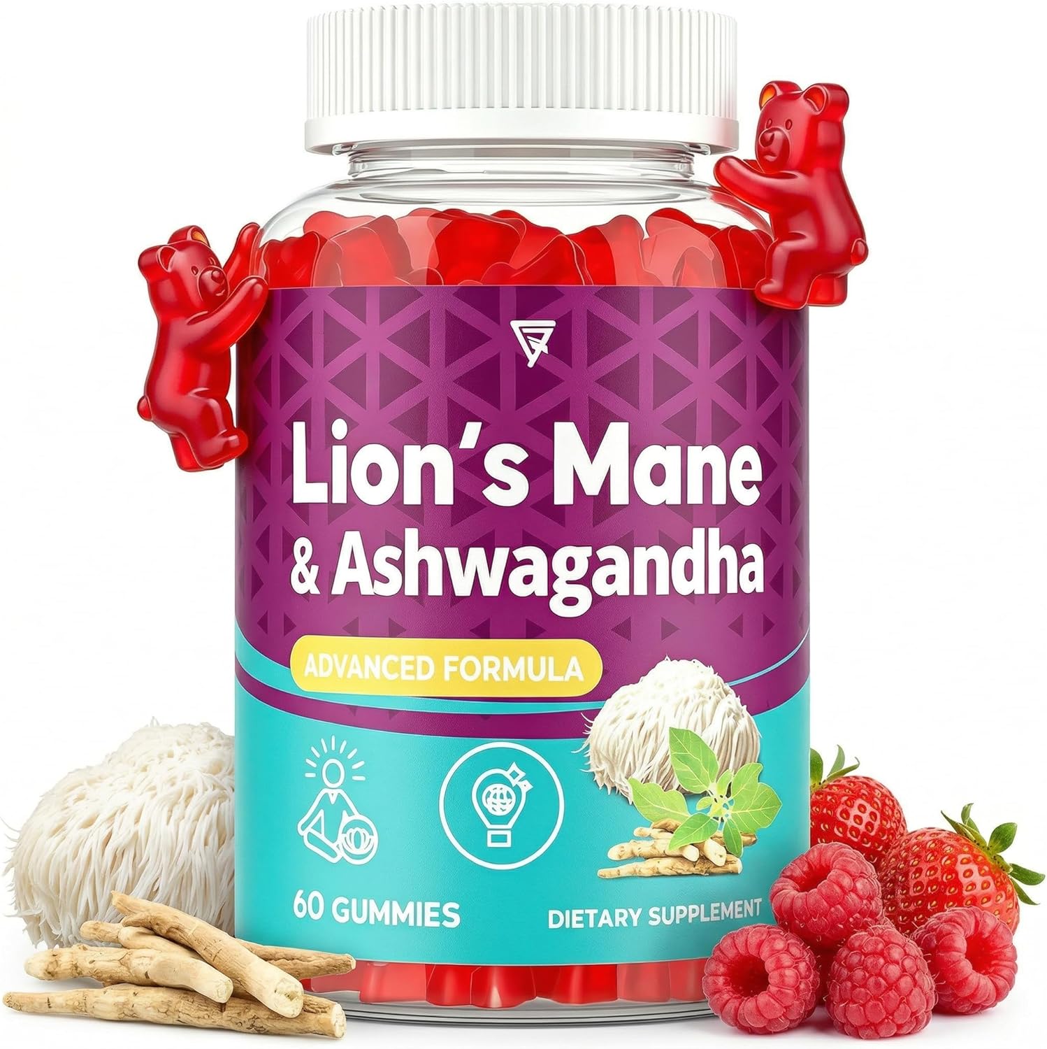 Organic Ashwagandha Gummies & Lions Mane Gummies with 4 Adaptogens| Cortisol Supplements for Women & Men| Berry Flavor, 360 Counts