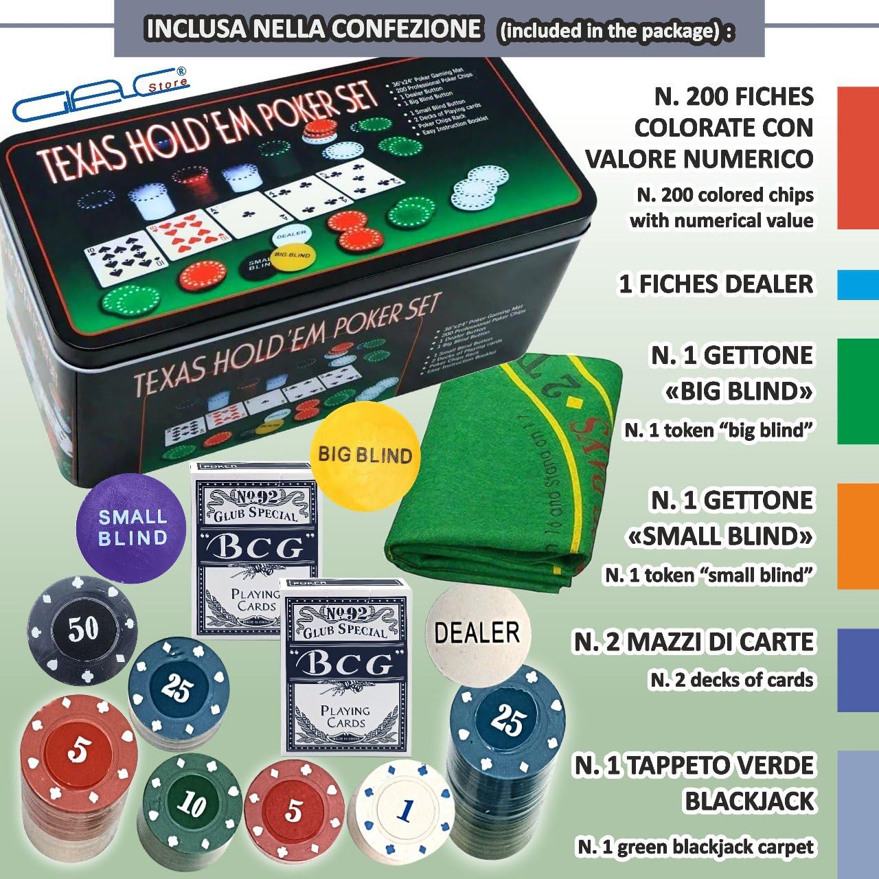 Set da Poker con Scatola in Metallo, 200 Fiches Colorate, 2 Mazzi di Carte, Fiches Dealer, Panno Verde, Big Blind, Small Blind