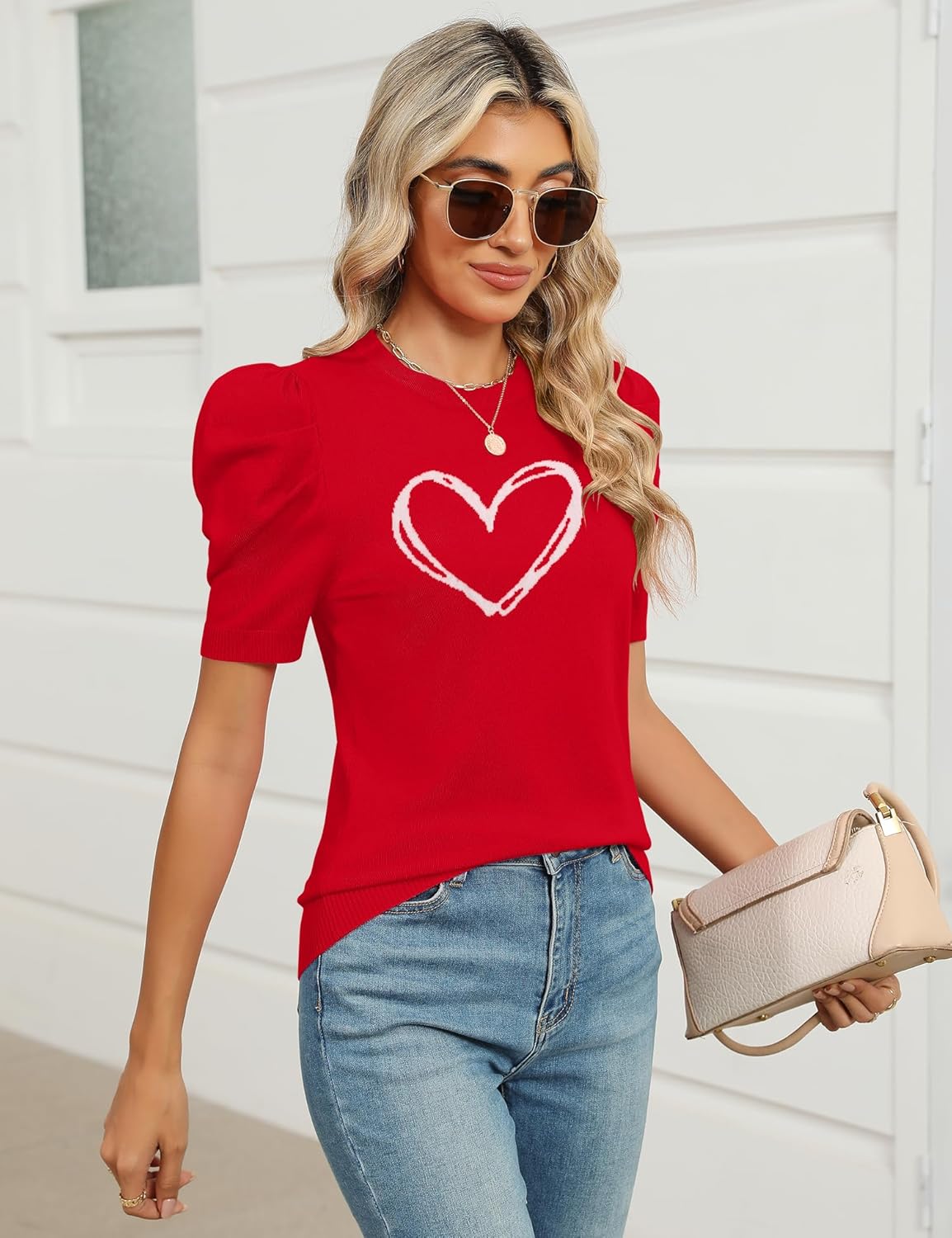 AKEWEI Puff Short Sleeve Sweater for Women Tops Trendy Spring Summer 2025 Business Casual Outfits Knit Crewneck Shirt Blouses