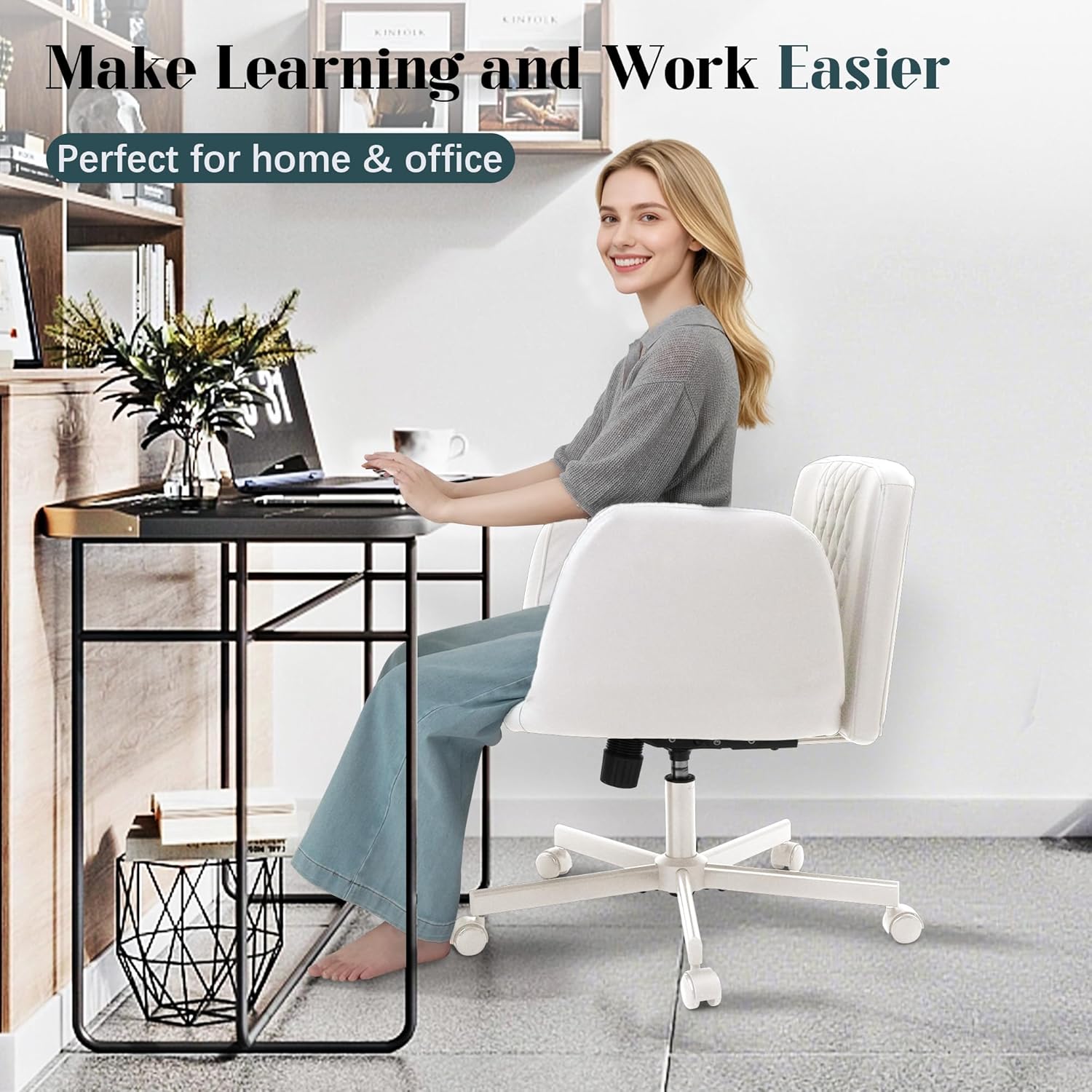 Office Chair, Criss Cross Chair with Wheels & Adjustable Armrests, PU Leather Vanity Desk Chairs for Home, Office, Bed Room(White)