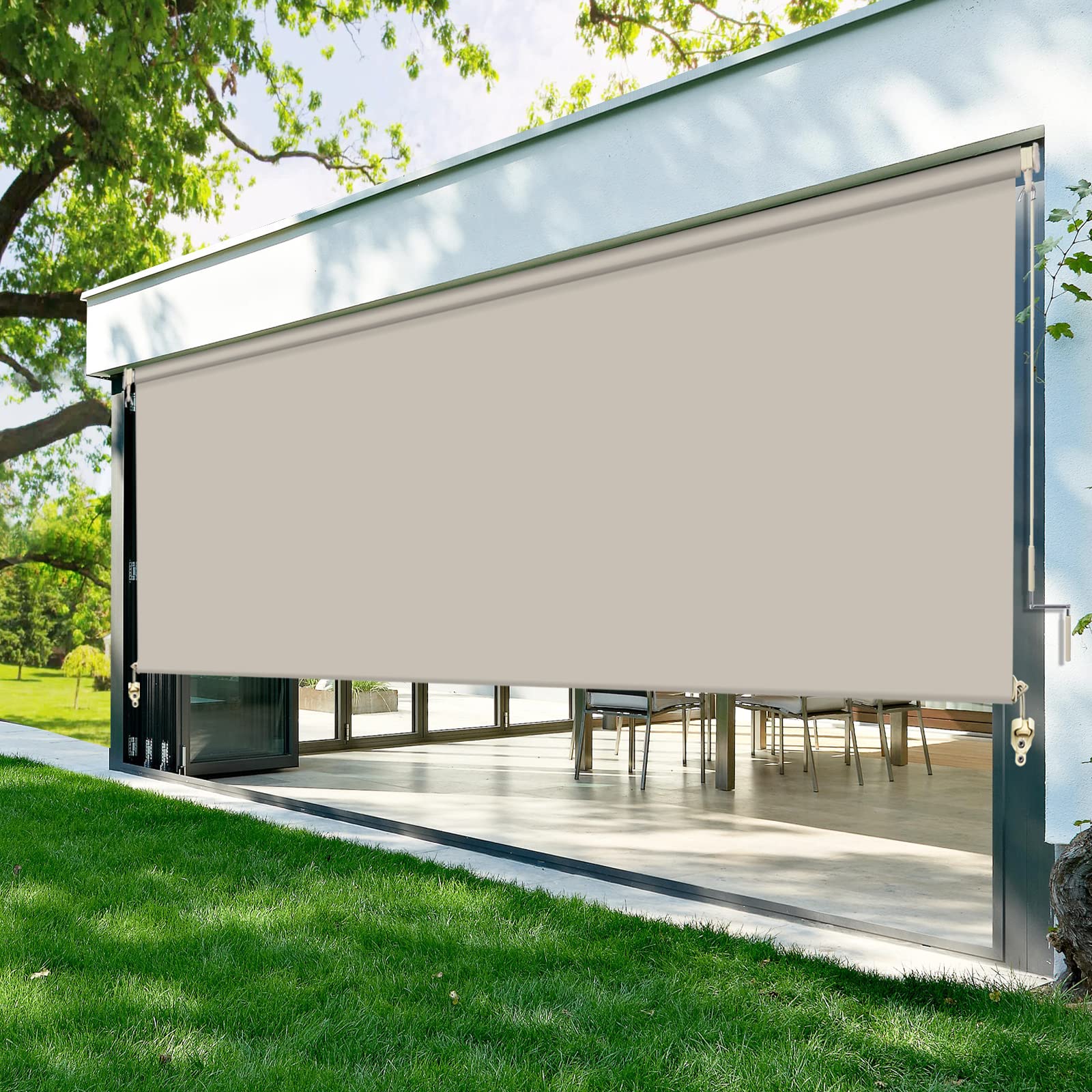 ZY Blinds Exterior Blackout Cordless Window Blinds, Waterproof Bright Grey Fabric Outdoor Roller Shades, Sunlight Protection Pull Shade Privacy Screen for Deck, Porch, Balcony, Backyard