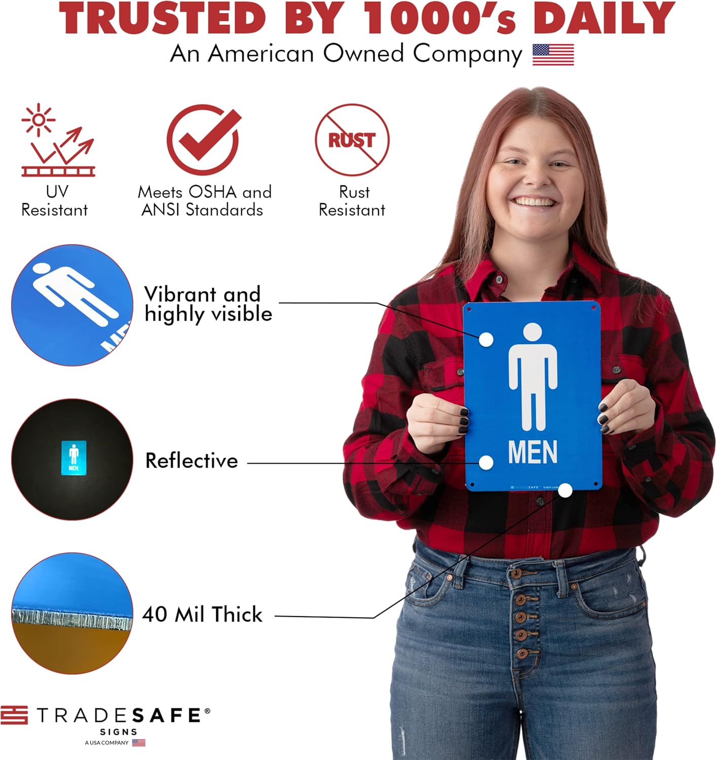 TRADESAFE Men Restroom Sign - Wall Sign, Quick Install Aluminum Safety Sign, Light Reflective, UV-Resistant, Waterproof, 7” X 10” Men Only Restroom Signs for Business