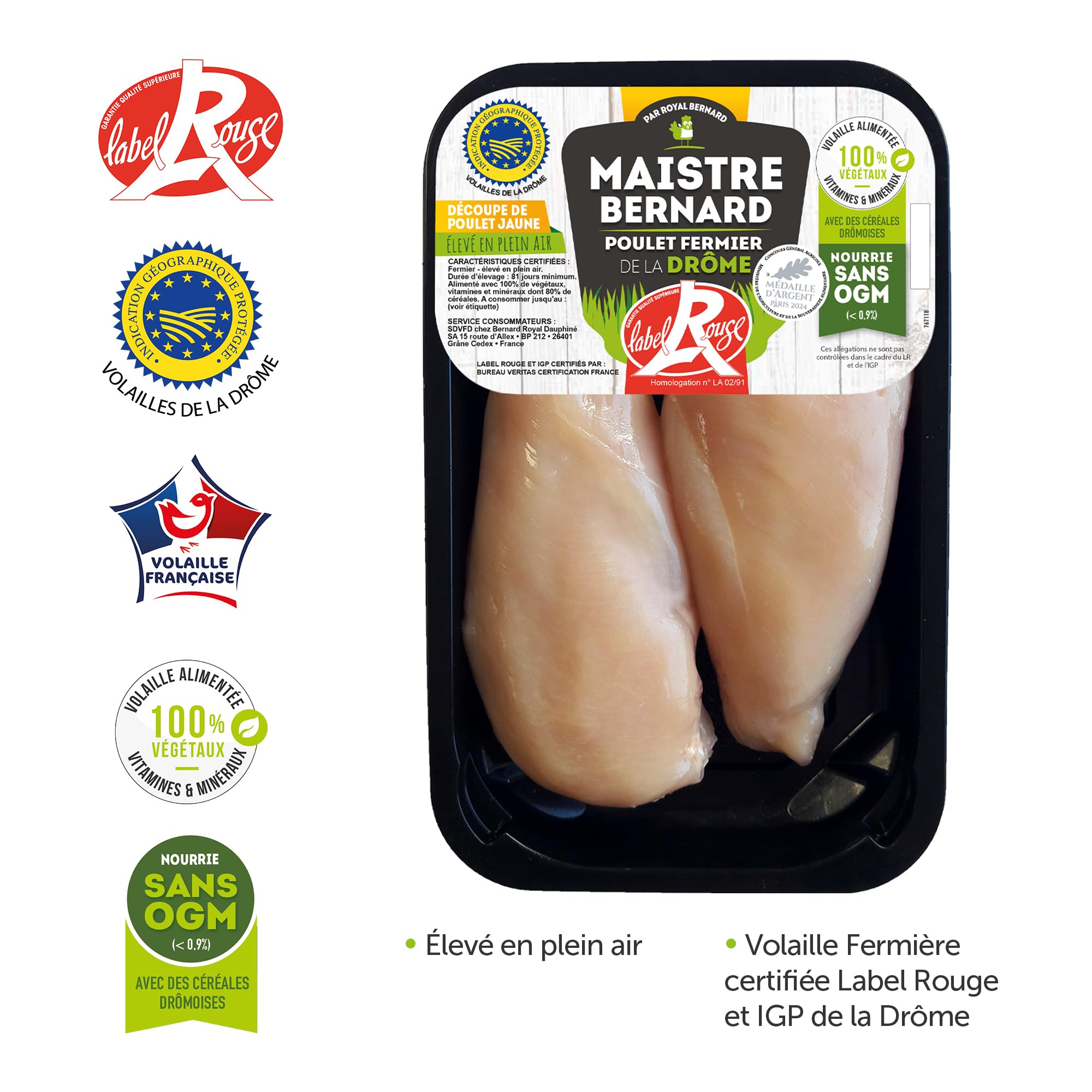 Royal Bernard - Assortiment Label Rouge - Colis de Viande de Poulet Fermier - 4 Produits Régionaux IGP de la Drôme - 1 Poulet Entier + 4 Cuisses + 2 Filets + 6 Ailes de poulet