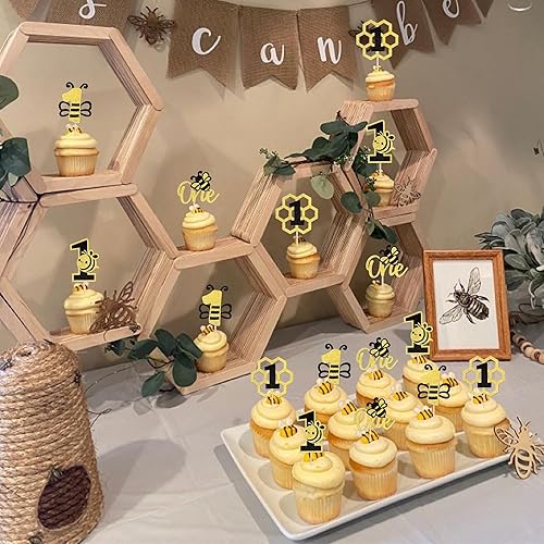 Miniatura 6 de 24 piezas de decoración para cupcakes con purpurina negra y dorada número 1 para cupcakes de abeja, decoración de pastel de primer cumpleaños para