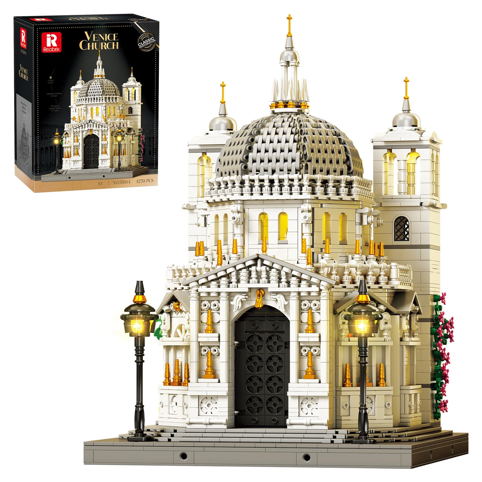 Photo 1 of Reobrix Venice Church Building Block Sets for Adults with Lights 55014, Landmark Architecture Venice Santa Maria Della Salute Church Model, Collectible Italy Landmark Building Toy for Adullt (4270PCS)