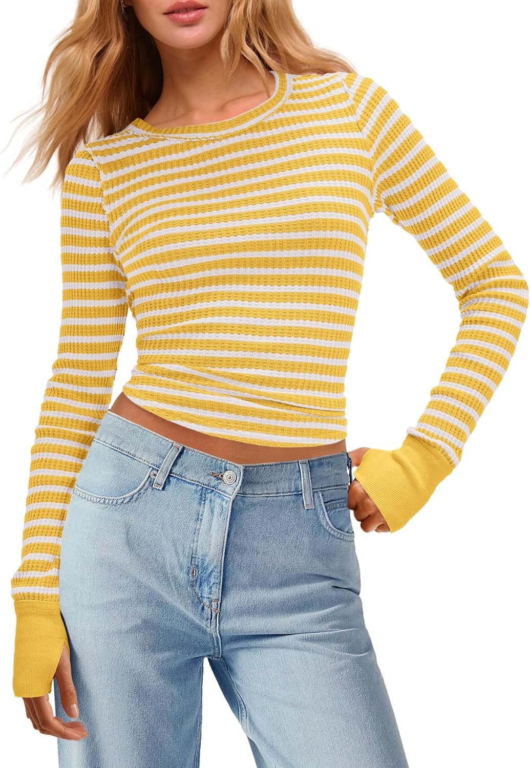 Panadila Womens Striped Long Sleeve Shirts Crewneck Waffle Knit Tops Casual Fitted T Shirts Fall Outfits