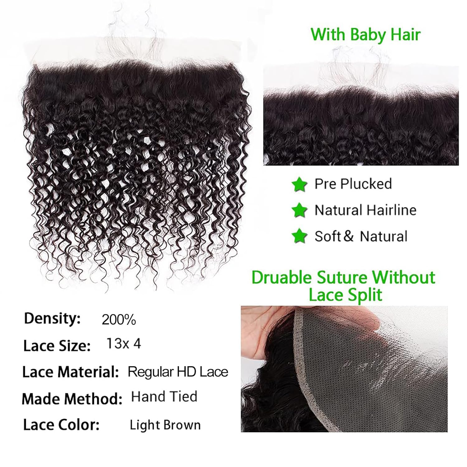 13x4 Lace Frontal Closure Deep Curly Regular HD Lace, 200% Density, 100% Brazilian Virgin Human Hair Ear to Ear HD Lace Frontal Pre Plucked with Baby Hair Natural Black Color 16 Inch