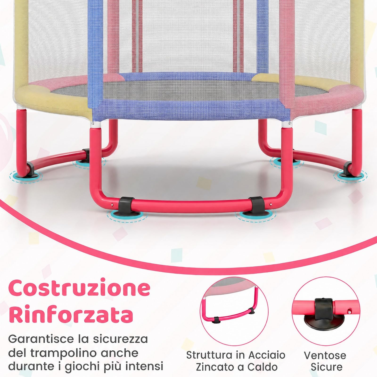 COSTWAY 6 in 1 Trampolino Bambini Interno ed Esterno | Tappetino Elastico con Altalena, Bersaglio, Barra e Anelli da Ginnastica, Canestro da Basket e Rete di Sicurezza, 3+ Anni