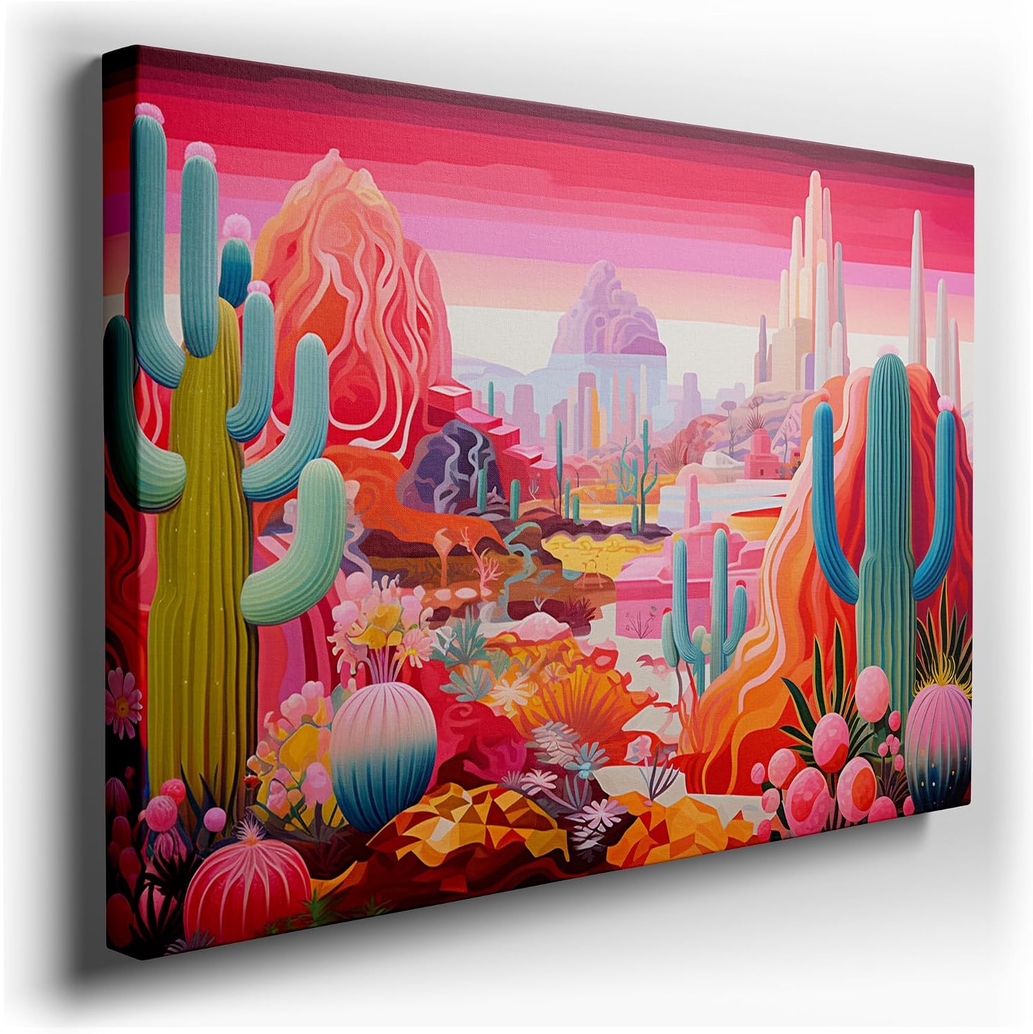 Canvas for Living Room. Desert Dusk Dreamscape � Tall Cacti and Wildflowers Under a Tranquil Pink-Purple Sky, 27 x 18 inch Canvas Wall Art - Ready to Hang