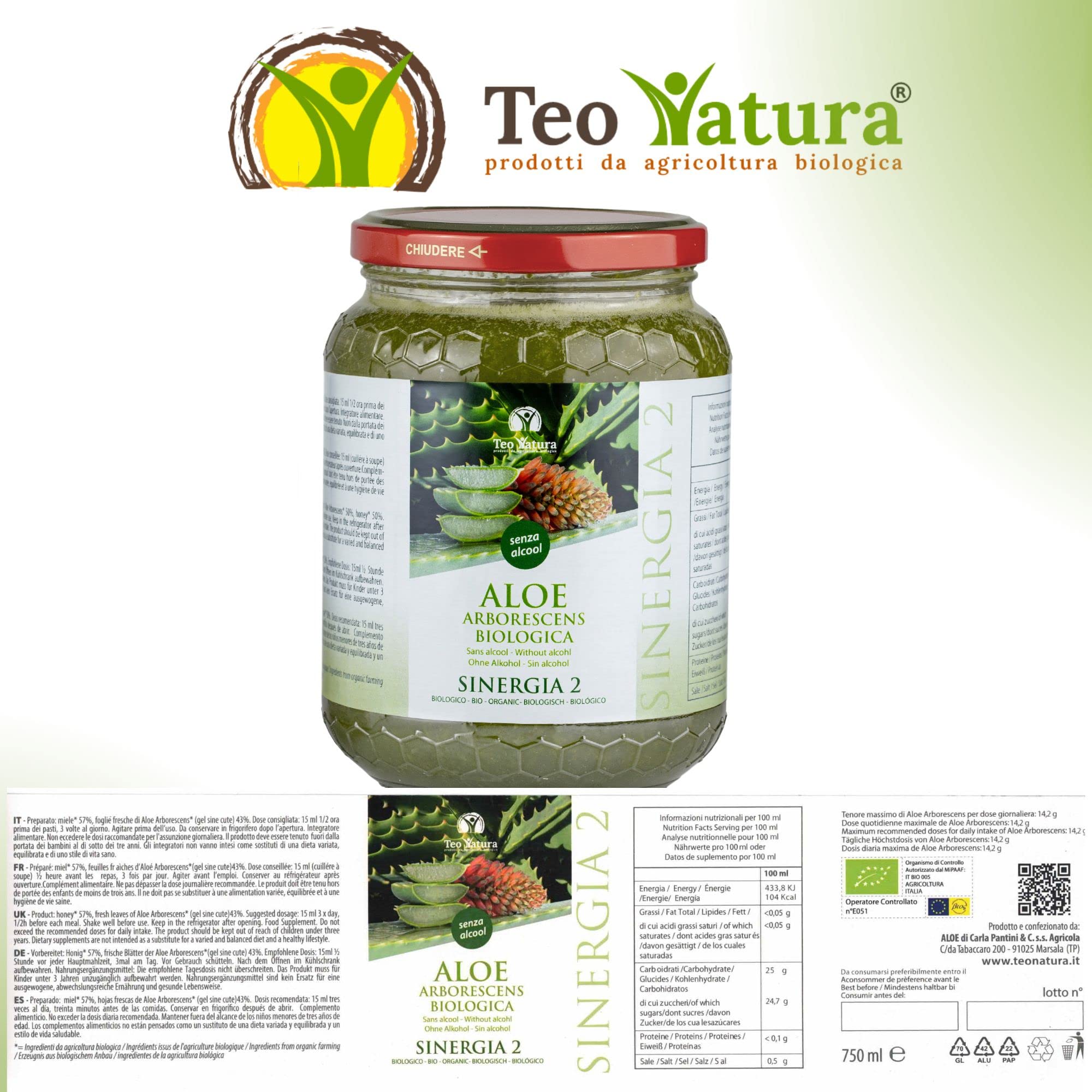 TeoNatura Sinergia 2 – Ricetta Padre Zago SENZA Alcool 750ml | Aloe Arborescens + Miele Bio | Immunostimolante, Depurativo, Intestino | Biologico Certificato – Made in Sicily