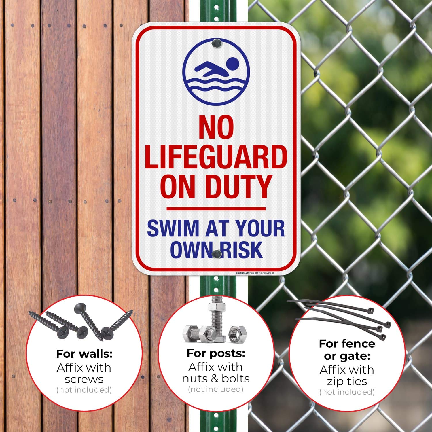 No Lifeguard On Duty Sign, Pool Sign, 12x18 Inches, 3M EGP Reflective 0.63 Aluminum, Fade Resistant, Easy Mounting, Indoor/Outdoor Use, Made in USA