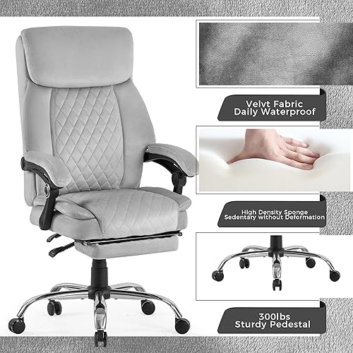 Miniatura 4 de Silla de oficina ergonómica de terciopelo con reposapiés, reclinable ejecutivo para computadora, giratoria, respaldo alto, soporte lumbar grande,