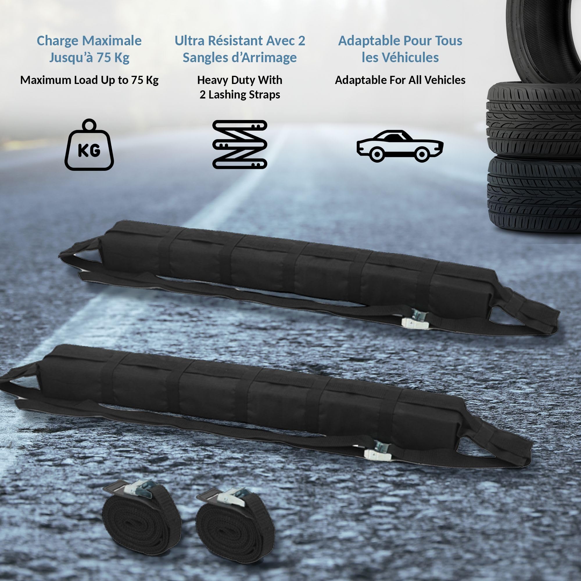 FISHTEC Galerie d'Appoint Toit Voiture - Jusqu'à 75 kg Textile Oxford 600 D Ultra résistant 2 Sangles d'arrimage 350 cm Sangle de Fixation 170 Noir Adaptable Tout Type véhicule