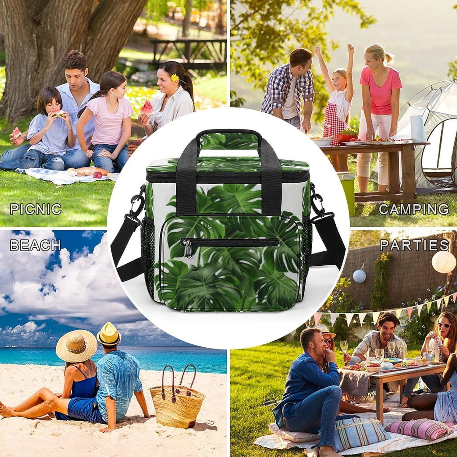 Large-Capacity Oxford Cloth Monstera Deliciosa Banana Palm Printed Camping Ice Bag, Outdoor Portable Insulation and Cold Storage Bag, Enjoy A Cool Camping Time