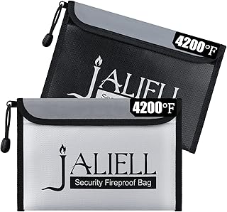 2 Pack Fireproof Money Bag (9.5x6.5''), Non-itchy Waterproof Fireproof Bag with Zipper, Small Fire Proof Money Bag for Cash, Valuables, Passport, Currency & Keys (Black & Grey)