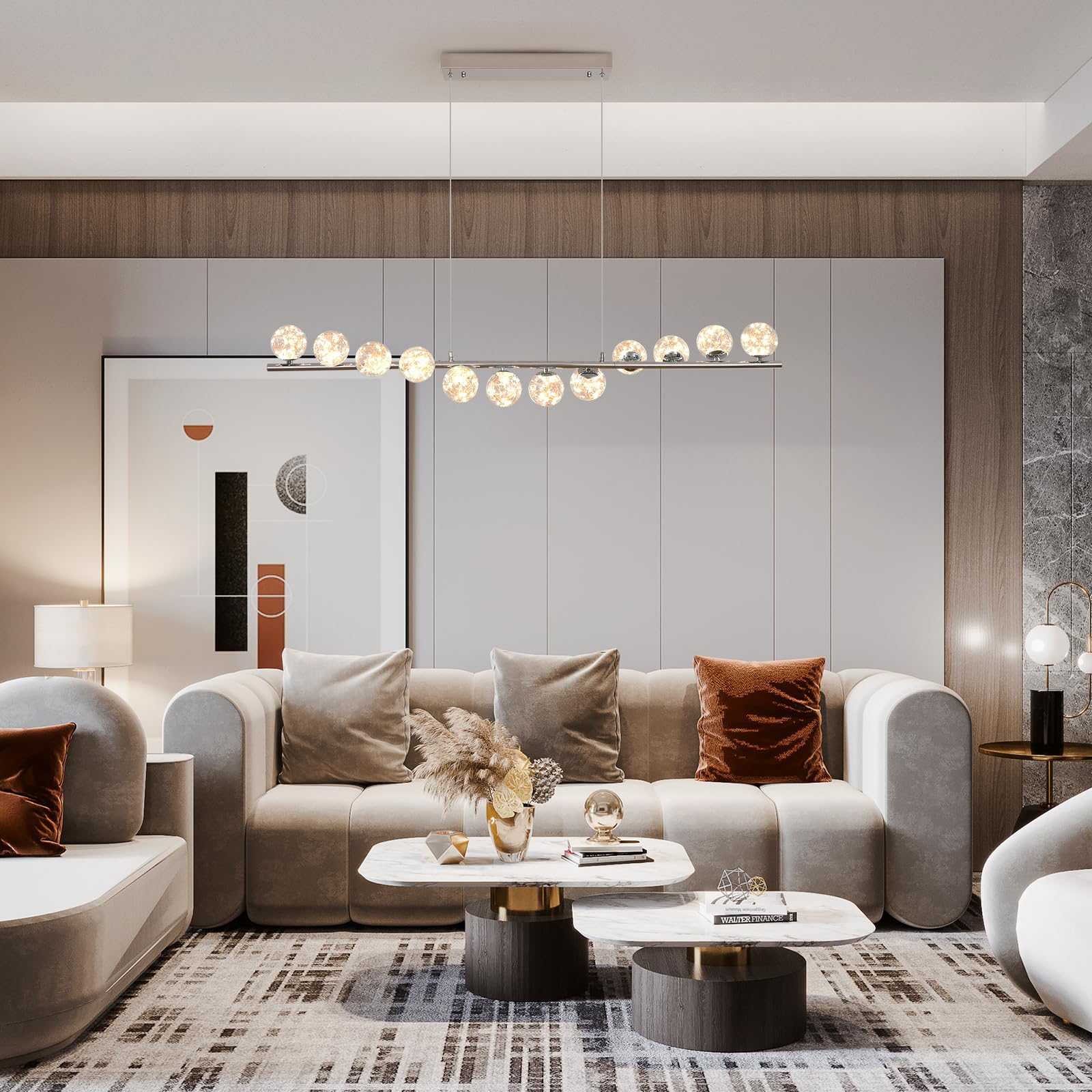 GEADI LED Lampadario Cromato, 120CM Lampada a Sospensione Moderna per Tavolo da Pranzo con 12 Globi di Vetro, Plafoniere a Soffitto Regolabile, Lampadari Lungo per Sala da Soggiorno, Cucine, Salotto