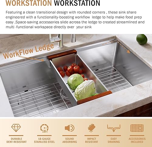 Miniatura 6 de Fregadero de cocina moderno con estación de trabajo de calibre 18 de 30 pulgadas, fregadero de cocina R10 de acero inoxidable de radio ajustado con