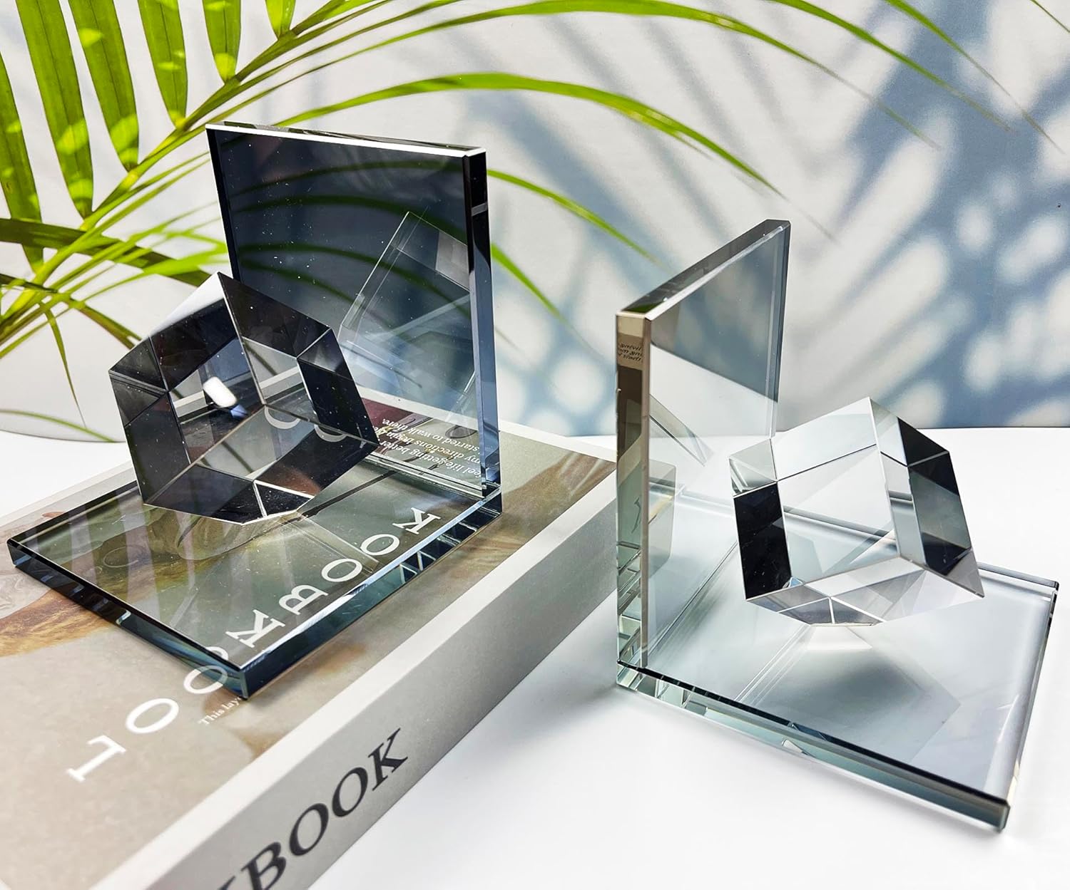 Crystal Bookends Decorative Glass Book Holders Heavy Duty Book Ends with Cube for Shelf Decor Unique Book Stopper Gray