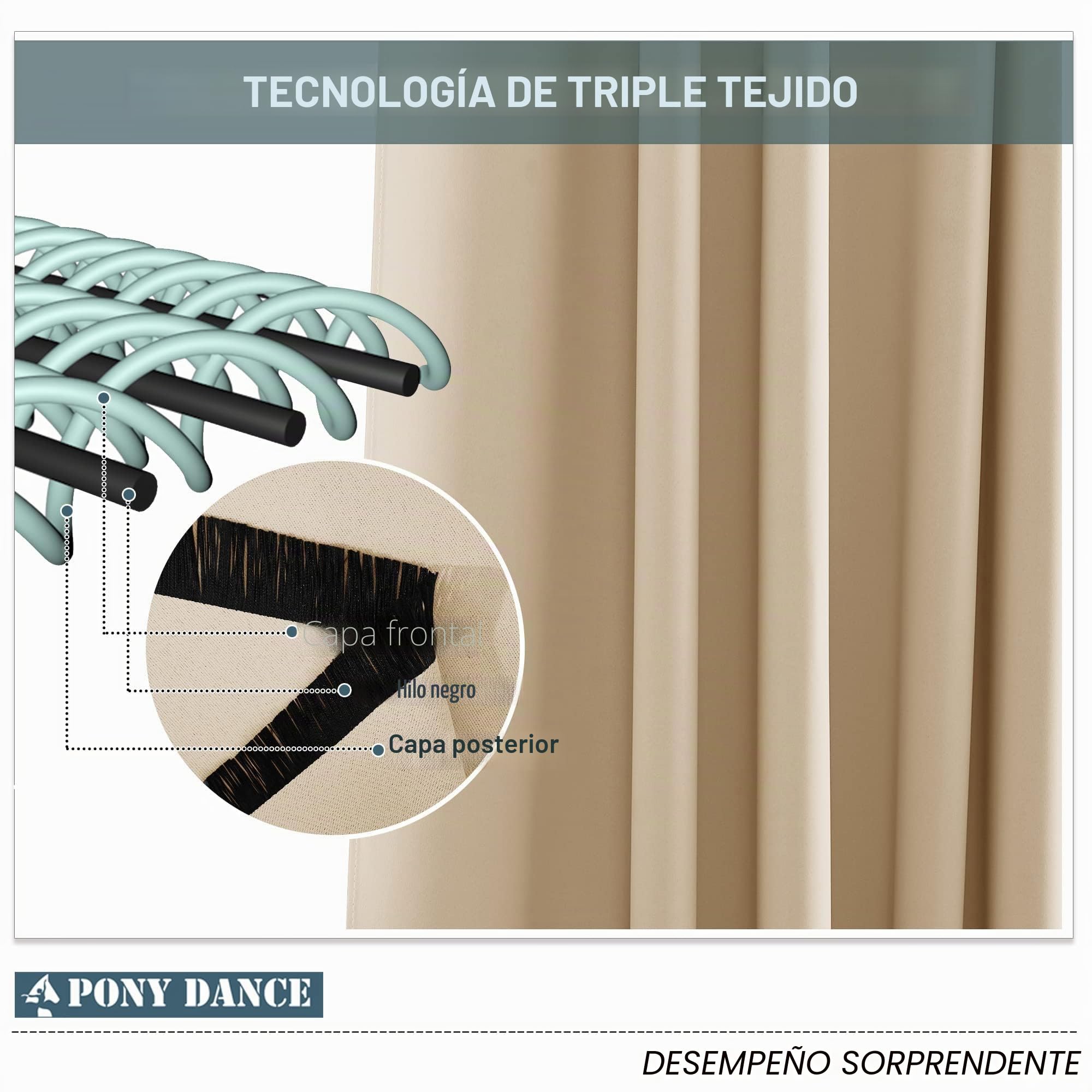 PONY DANCE Cortinas Exterior Terraza Impermeable con Trabillas Adhesivas, Cortinas Opacas Aislantes Luz para Patio/Porche/Jardin/Balcon 2 Piezas,132x274cm(AnxAl),Beige Oscuro