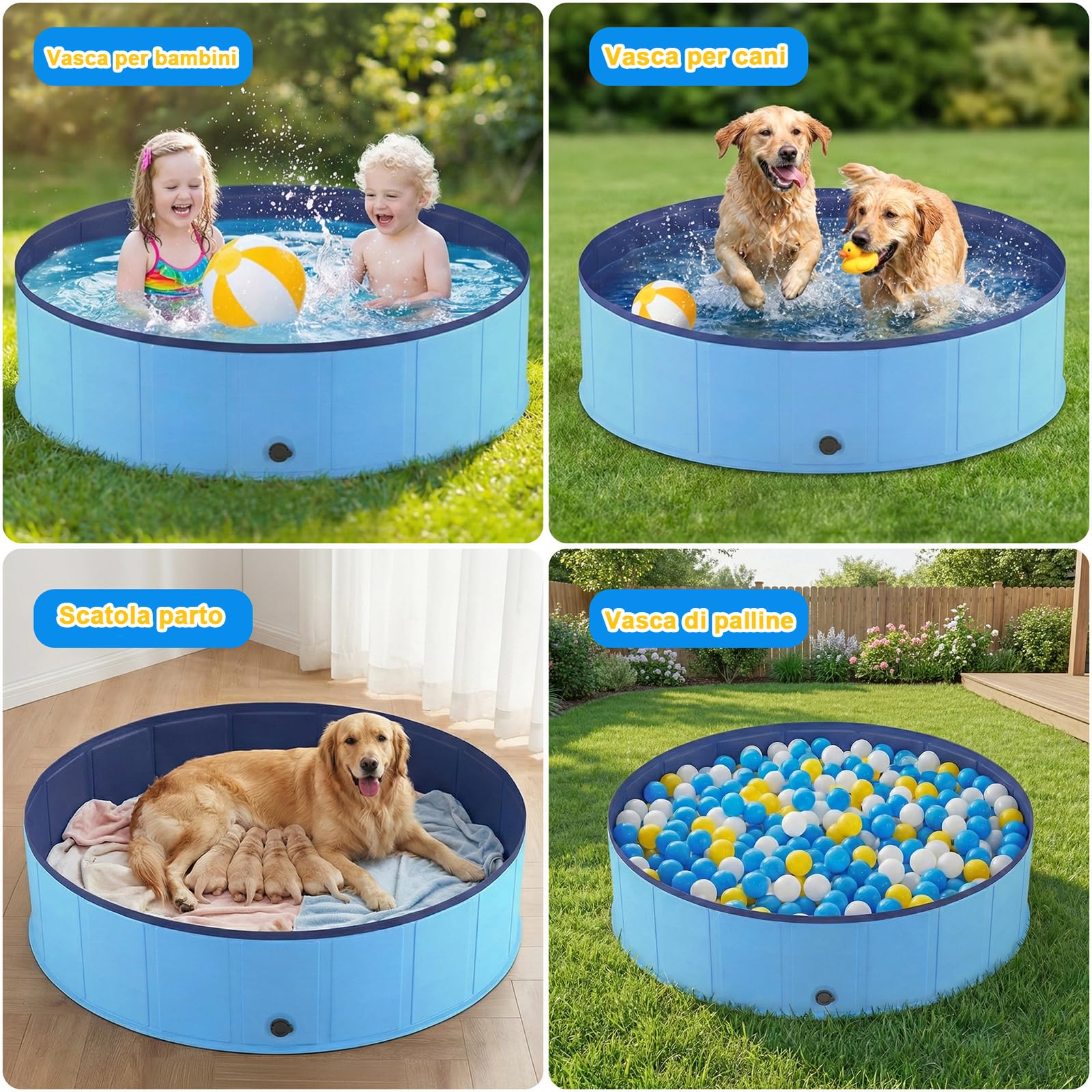Vasca pieghevole per cani in PVC antigraffio, Ø 100 cm, Altezza 30 cm, rivestimento antiscivolo e tappo di scarico, svuotamento rapido senza pompa, vasca robusta