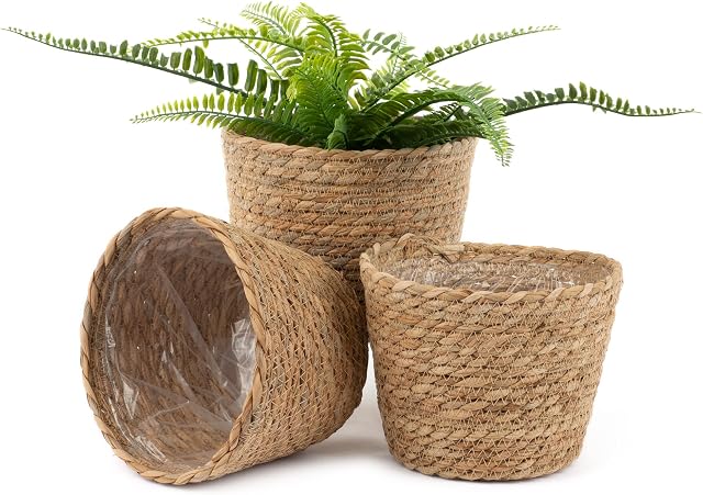 LIVIVO 3pc Seagrass Woven Natural Planter Basket, Natural Decorative Plant Pot for Flowers Plants Trees Baskets Perfect for Indoor & Outdoor Storage Organiser (M - 18x15x13CM)