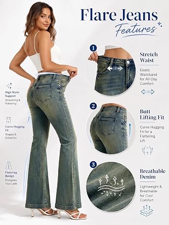 EMMIOL Women Bootcut Jeans Flare Jeans Mid-High Waisted Stretchy Jeans Trendy 90s Denim Pants