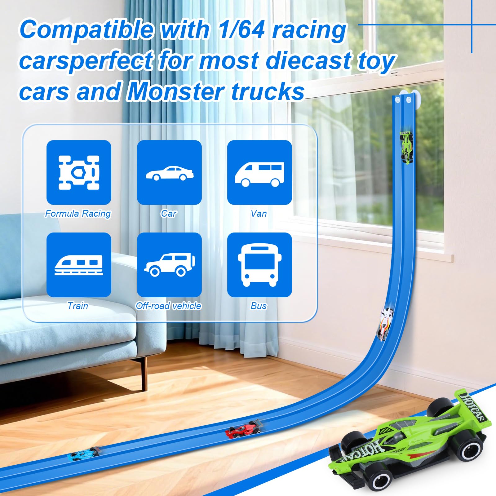 Tahbarshi Flexible Car Track Toy 5m Includes 4 Cars, Speed Track for Indoor Outdoor Play Rolls Up Portable Dual Race Track - Image 4