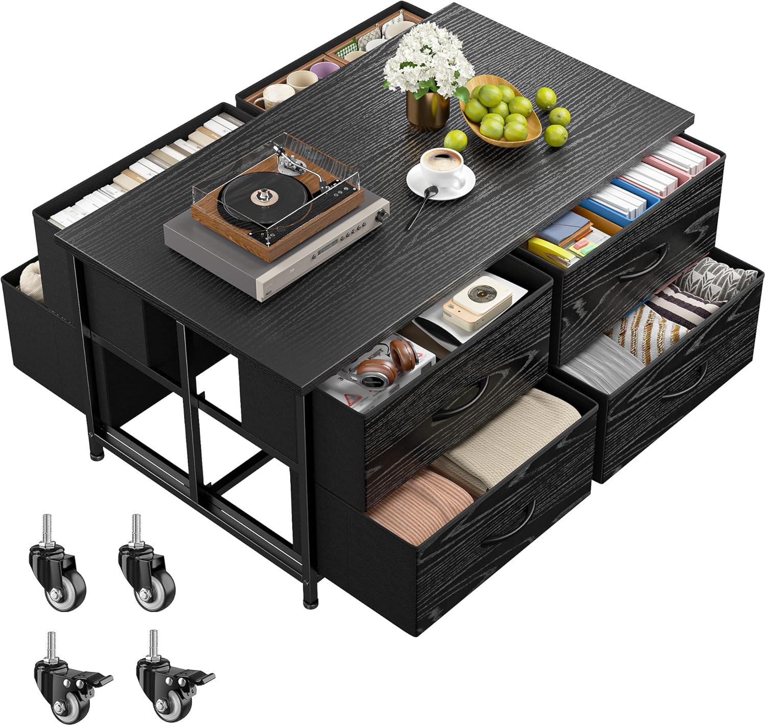 EnHomee Coffee Table with Storage, Modern Coffee Tables for Living Room with 4 Wheels, Center Table with Fabric Drawer and Large Hidden Space for Bedroom, Home, Office, Black