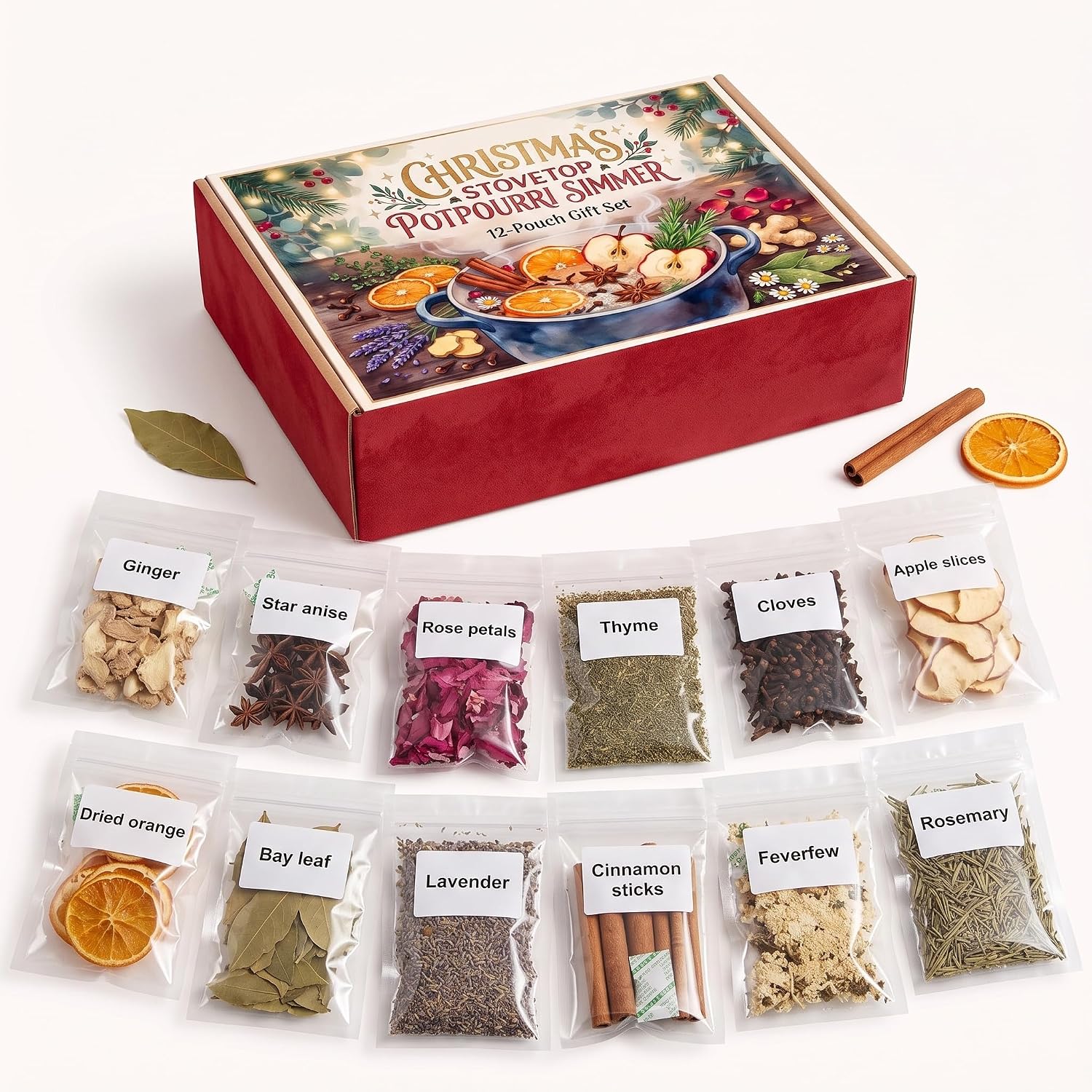 12 Pcs Christmas Stovetop Potpourri Gift Set | 12 Natural Ingredient, in a Gift Box, Resealable Transparent Bag, Christmas Home Fragrance, Xmas Party Housewarming Gift