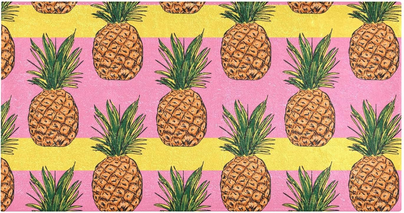 Pineapple Yellow Pink Stripes Bathroom Rugs Fluffy Absorbent Bath Mat Machine Washable Soft Microfiber Shaggy Kitchen Mat Non Slip Carpet Runner for Kitchen Bathroom Bathtub Accessories Decor