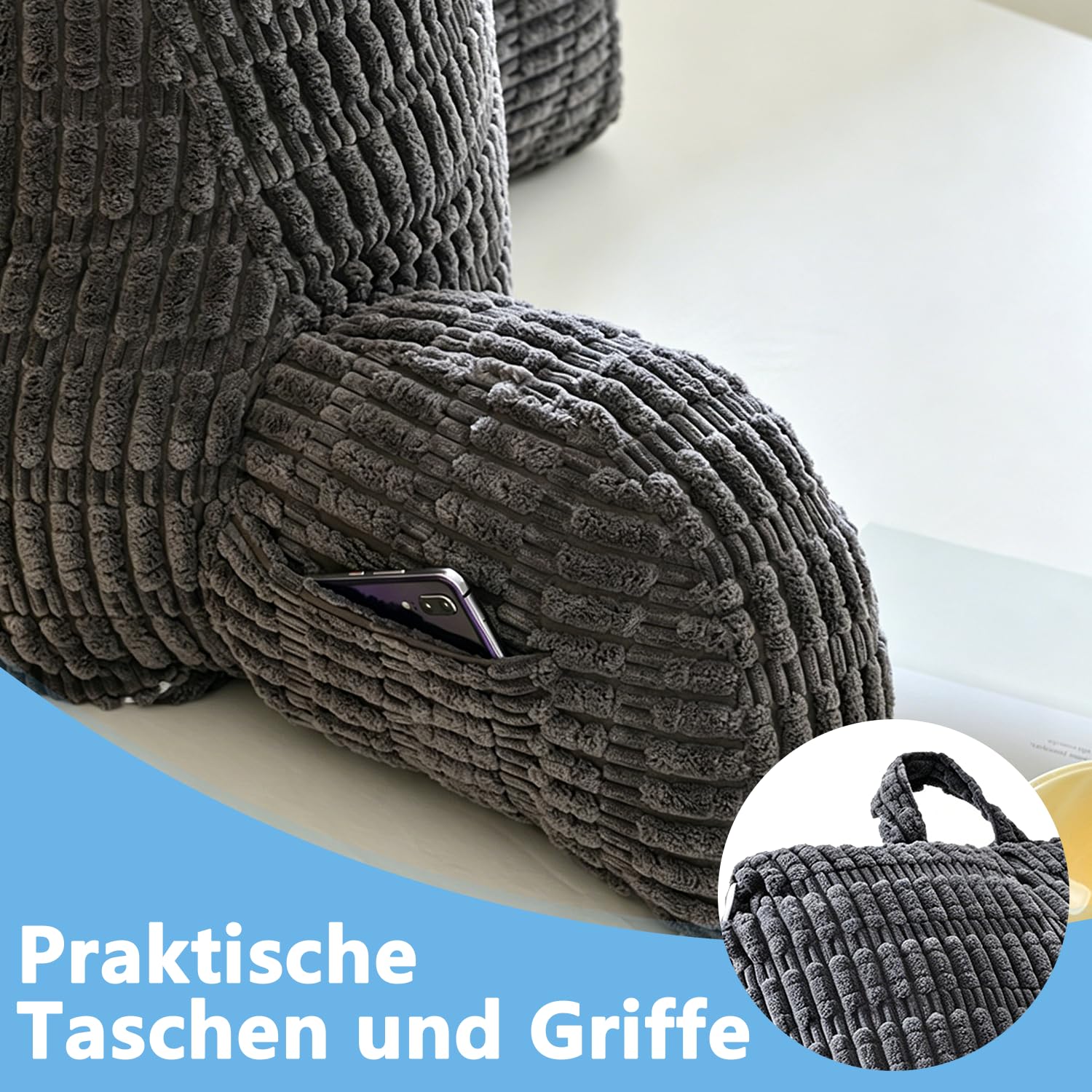 Cojín de lectura para cama y sofá, cojín lumbar lavable con reposabrazos lateral y bolsa de almacenamiento, cojín ergonómico y cómodo para TV, lectura y juegos móviles (80 x 55 cm, gris