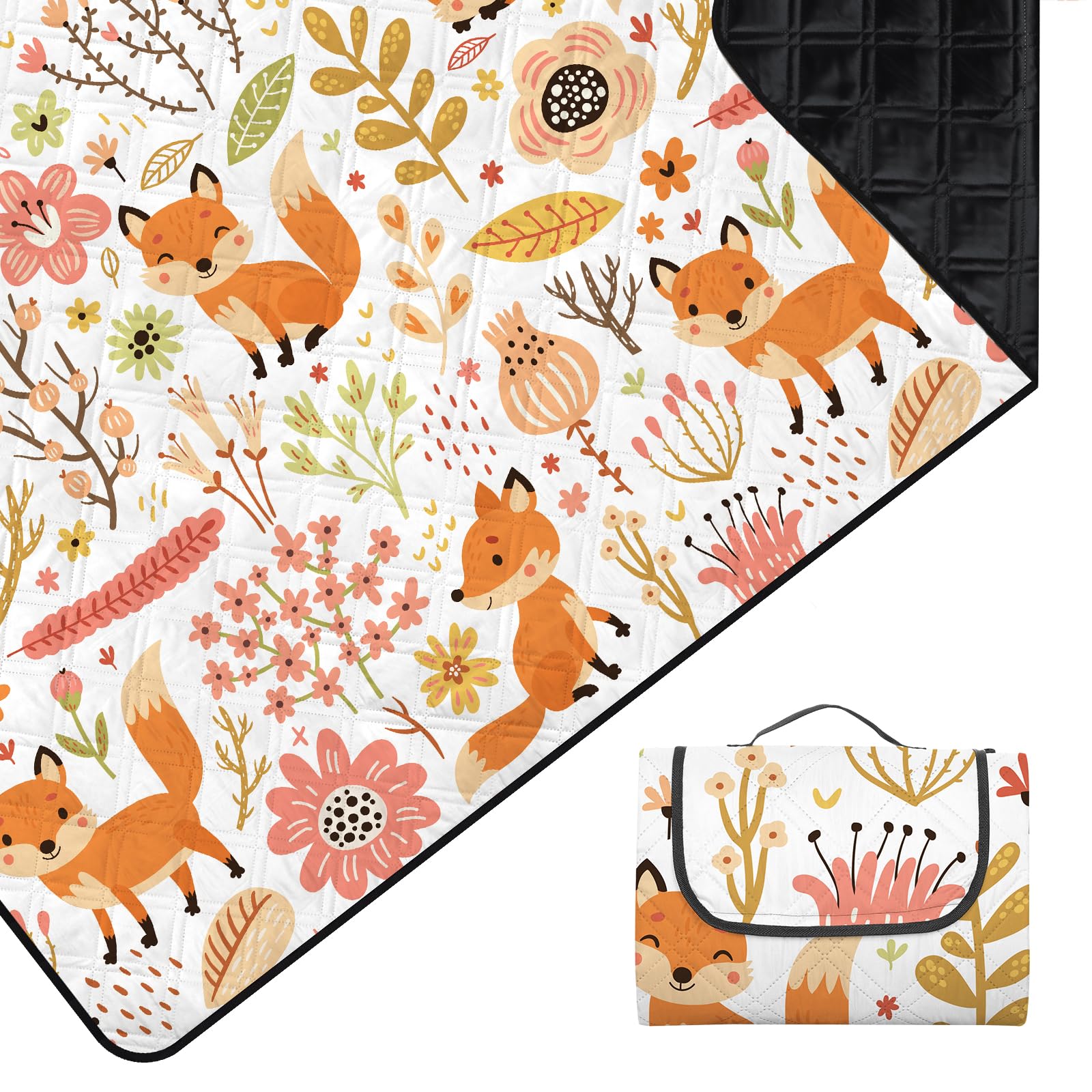 Animal Manta Picnic Impermeable 200 x 200 CM, Manta de Playa Portátil Lavable a Máquina, Alfombras de Picnic Ligero para Parque Jardín Barbacoa, Zorros