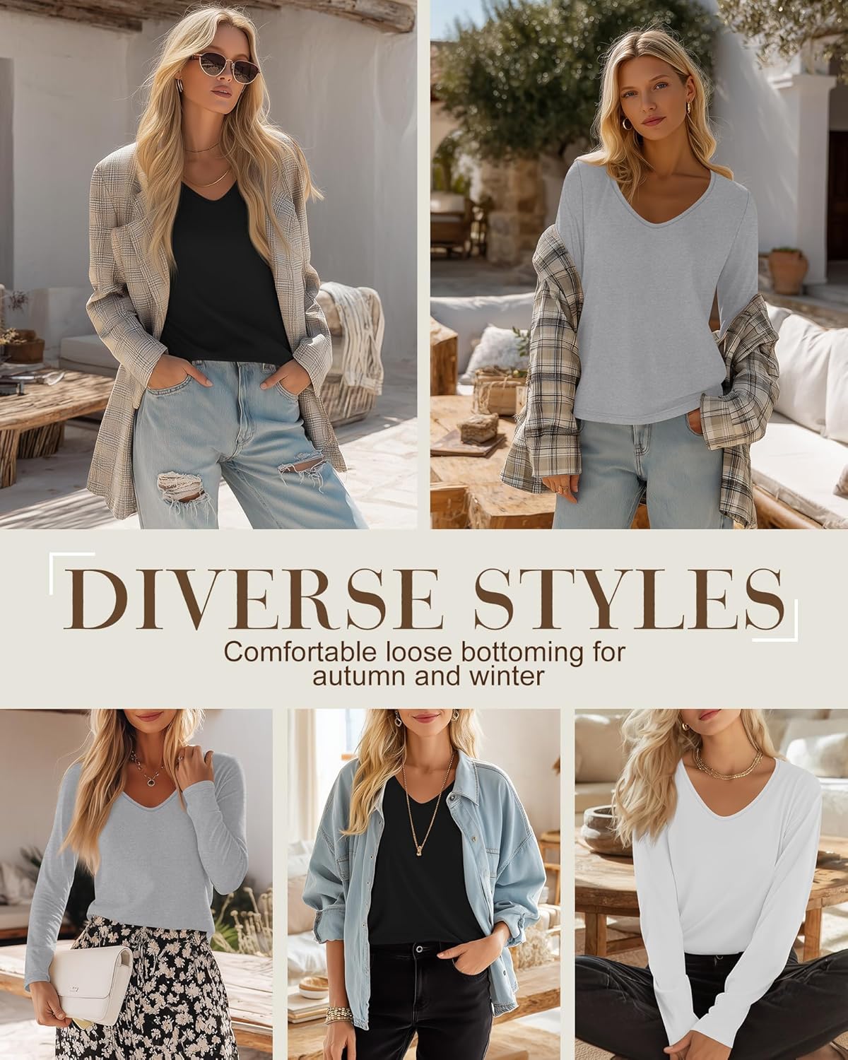 Ficerd 3 Pack Women's Long Sleeve T Shirts, V Neck Basic Tops Fall Casual Trendy Tees Loose Fit Soft Clothes Outfits - Image 3