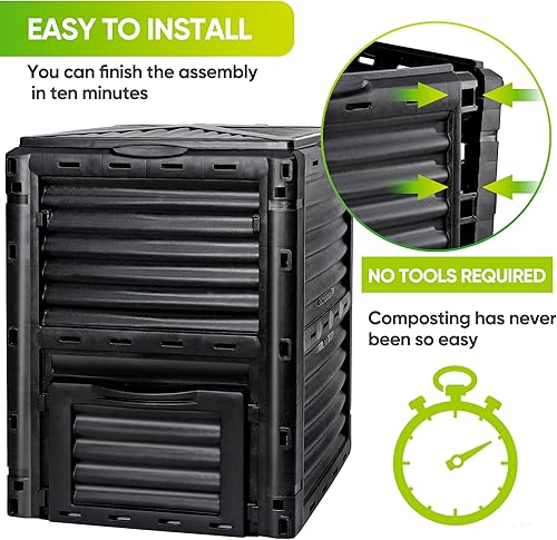 Miniatura 8 de Contenedor de compost de jardín de 80 galones (300 L) de material libre de BPA, fácil de montar, gran capacidad, aireación de caja de abono al aire