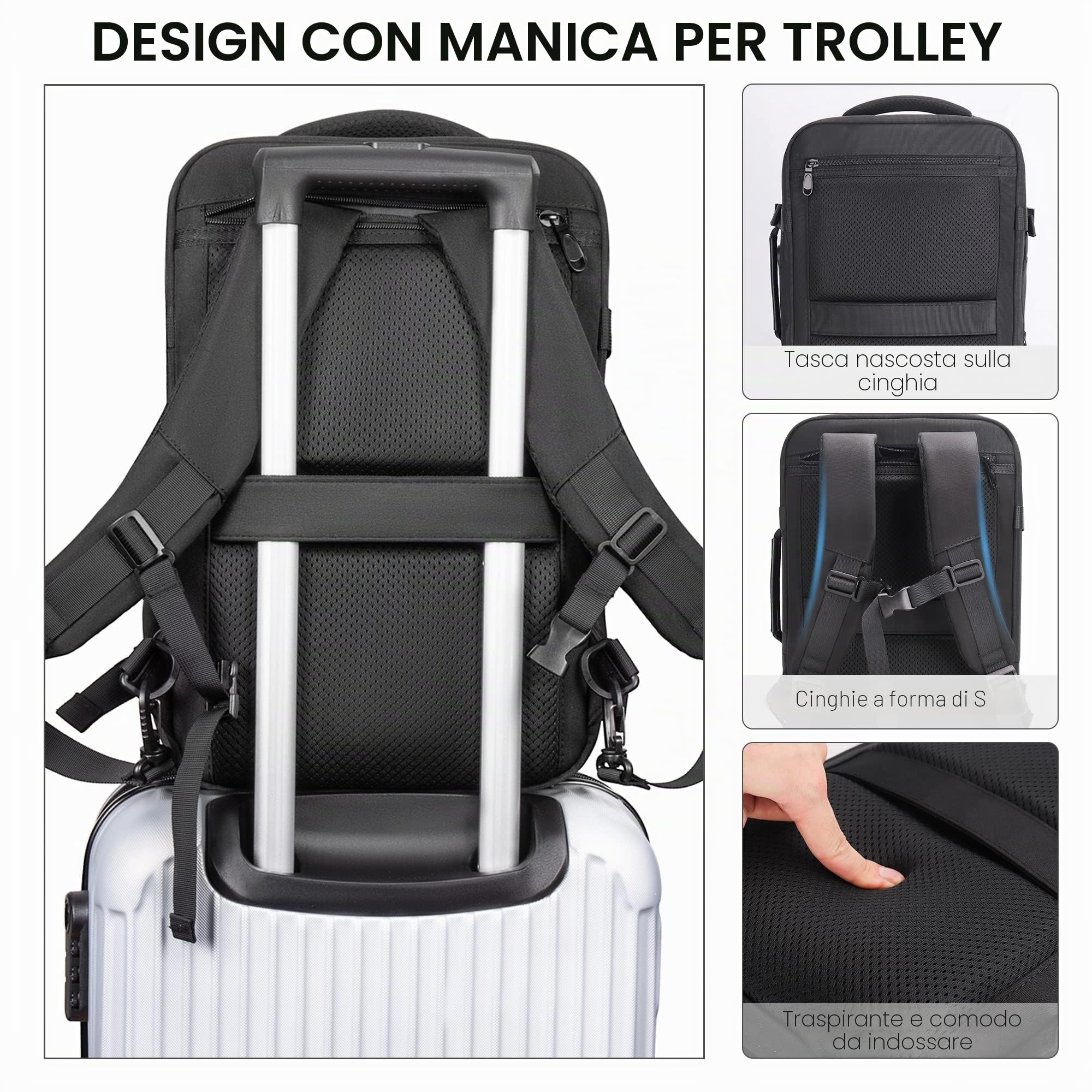 Zaino da Viaggio Ryanair 40x20x25 Bagaglio a Mano con Scomparto per porta pc Antifurto con Serratura Codificata 20L YG063 Grigio