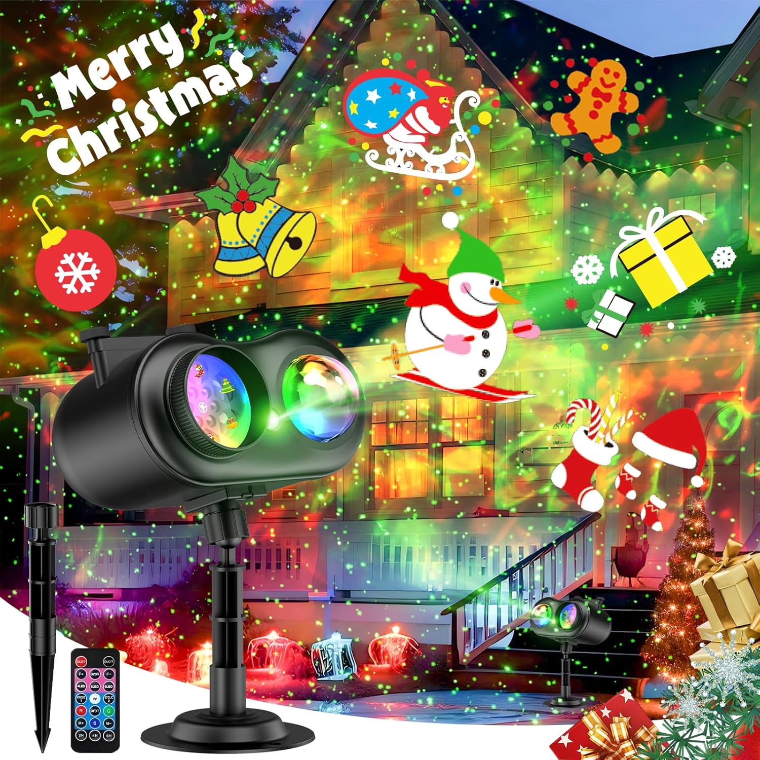 Christmas Projector Lights Outdoor Waterproof, 20 Slides & 8 Bright HD Patterns, Firefly & Ocean Wave Effects, Timer Snowflake Light Projector for House Yard Xmas New Year Valentine’s Thanksgiving Firefly Light-20 Slides