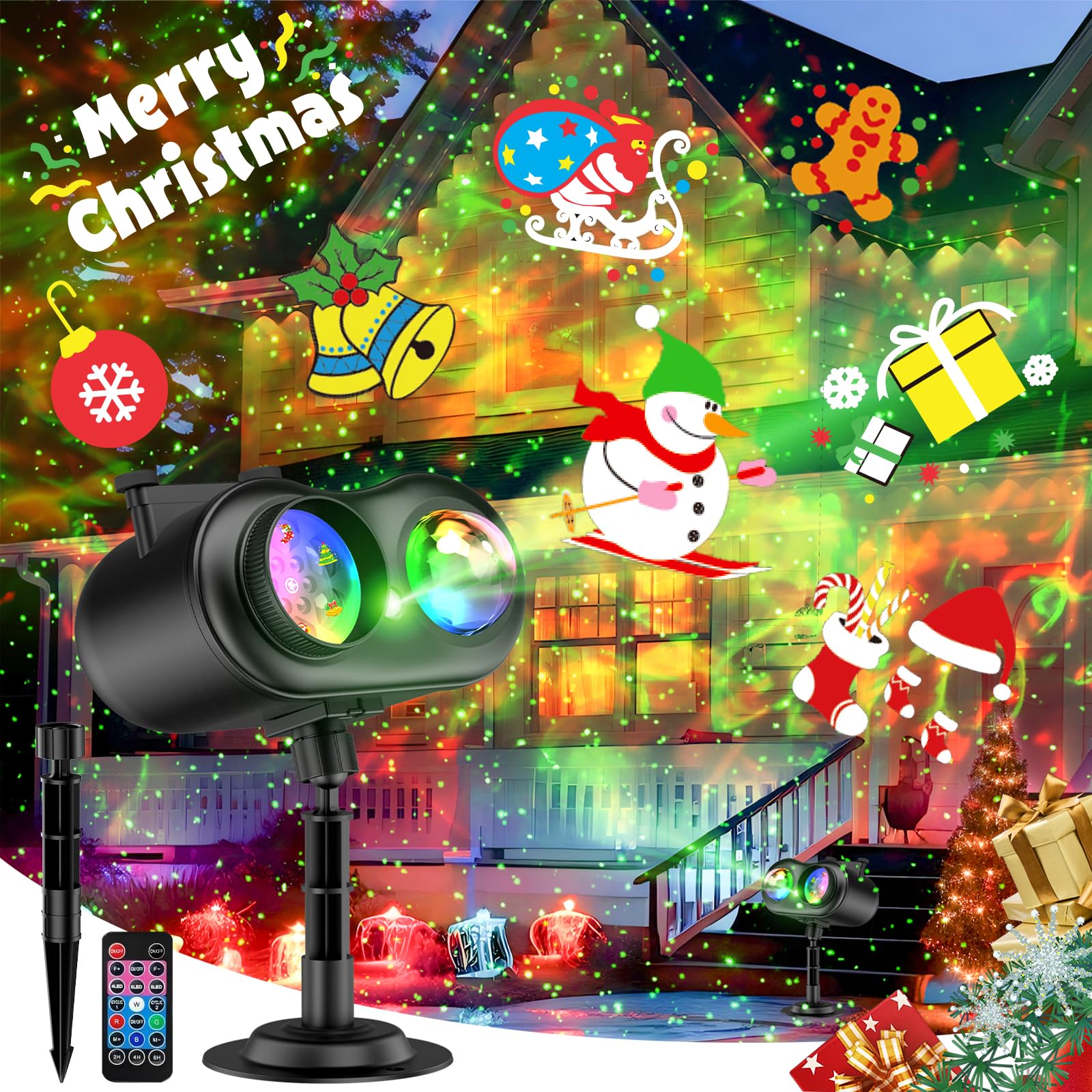 Christmas Projector Lights Outdoor Waterproof, 20 Slides & 8 Bright HD Patterns, Firefly & Ocean Wave Effects, Timer Snowflake Light Projector for