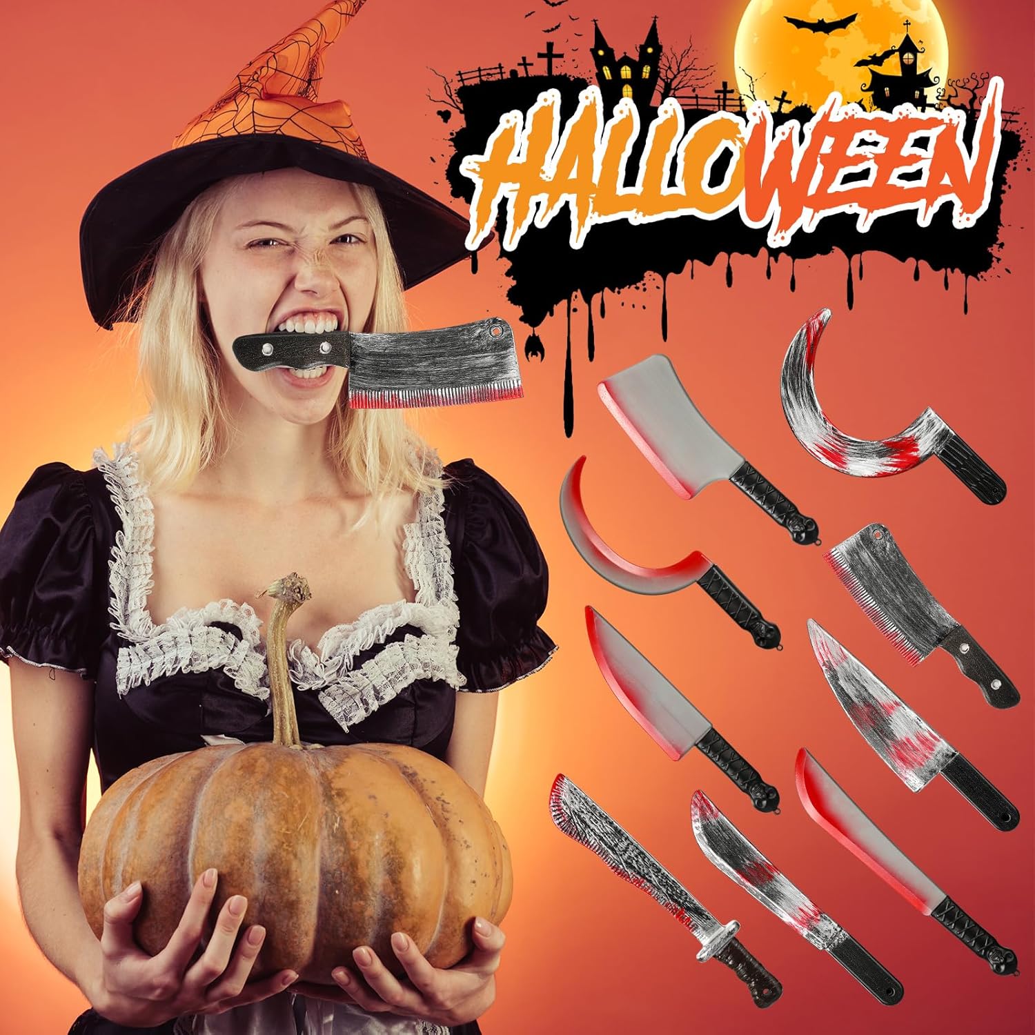 Liliful 18 Pcs Halloween Knife Set Bloody Butcher Knife Fake Machete Knives Prop Sickle Realistic Knives Fake Weapons Plastic Blade with Blood Stains for Halloween Party Costume Accessory Prank Gift