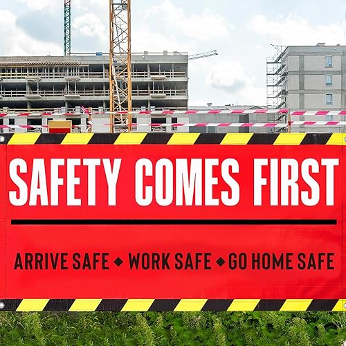 Miniatura 10 de Peryiter 2 carteles de seguridad de 4 x 2 pies para sitios de construcción, vinilo de negocios con ojales para el lugar de trabajo, comercial,