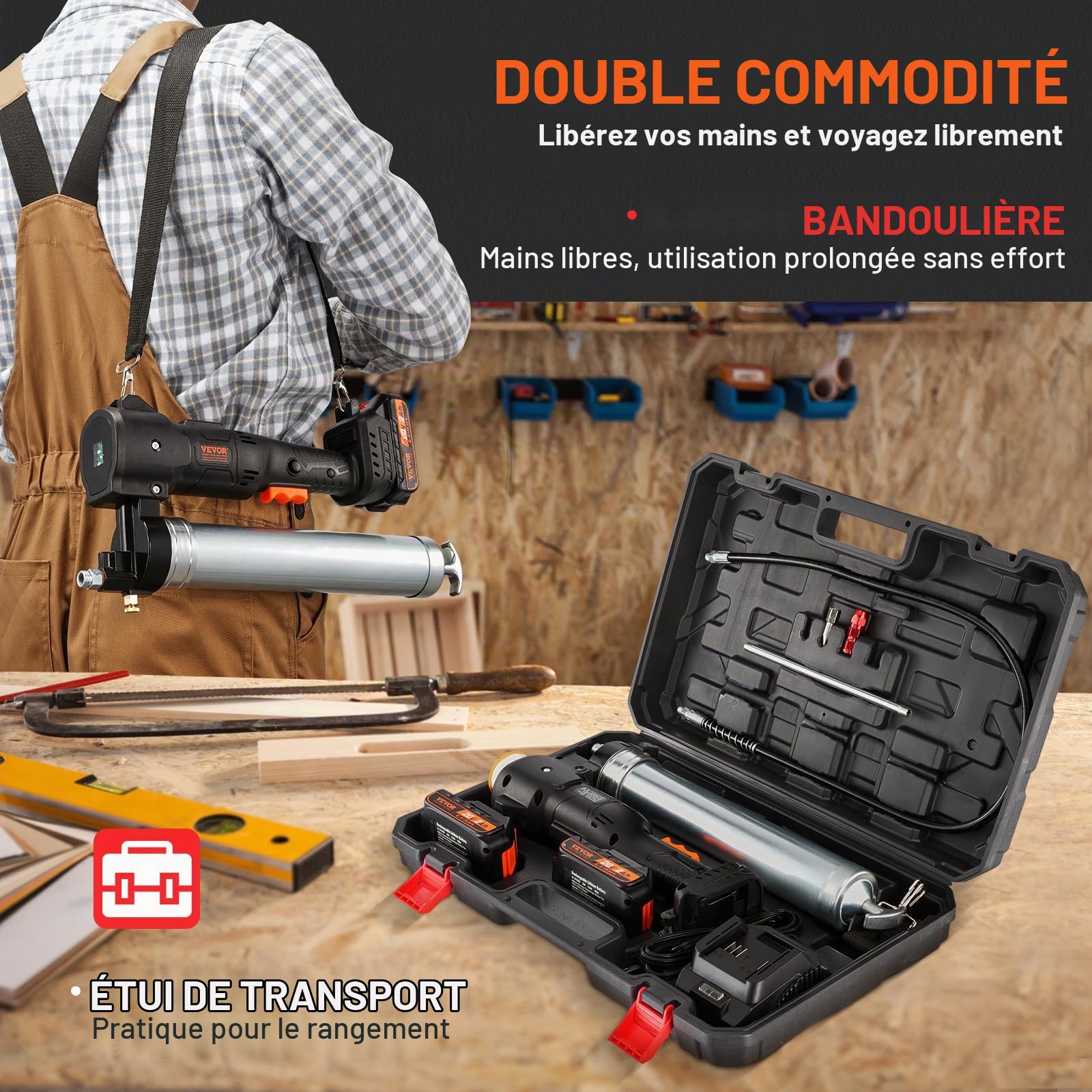 VEVOR Pistolet à Graisse sans Fil 20 V Pistolet à Graisse Électrique 82,74 MPa Kit Pistolet Graisseur Professionnel Alimenté par Batterie Débit Huile 125 g/Min Tuyau 990 mm avec Mallette de Transport