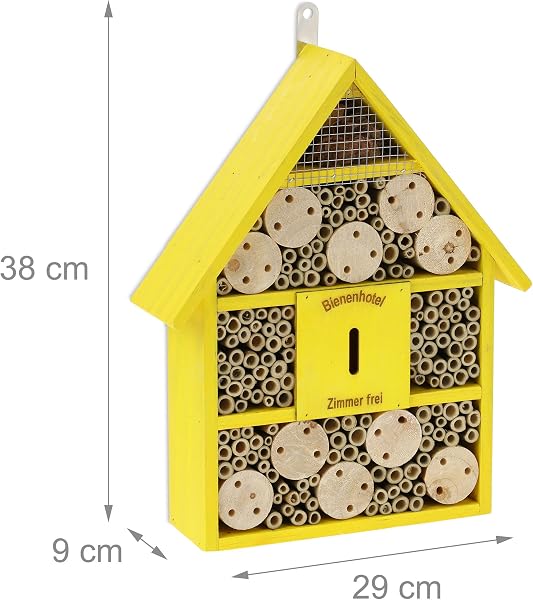Relaxdays Hotel per Insetti, Alveare per Api e Vespe, da Giardino, Balcone, in Legno e Bambù, HxLxP: 38x29x9 cm, Giallo - 4
