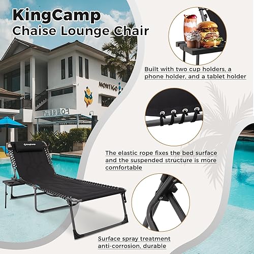 Miniatura 6 de KingCamp Silla de Lounge Extra Grande para Exterior, Silla de Bronceado Plegable con 5 Posiciones, Acolchada, con Cojín y Mesa Lateral para