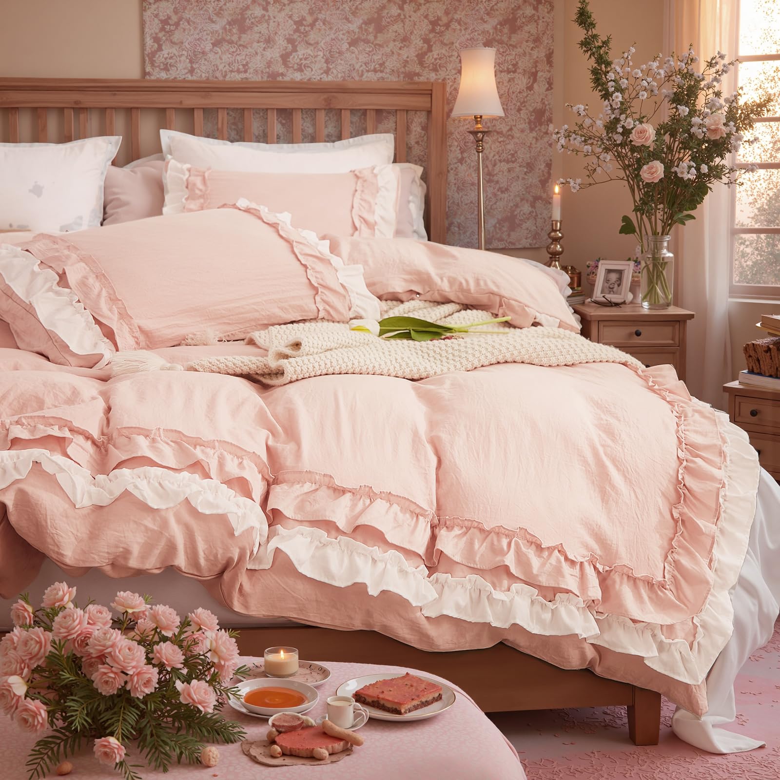 Photo 1 of Bedorm Ruffle Duvet Cover Queen Coquette Bedding Ultra Soft Breathable Shabby Chic Bedding Pink Ruffled Duvet Cover Set Cute Comforter Cover