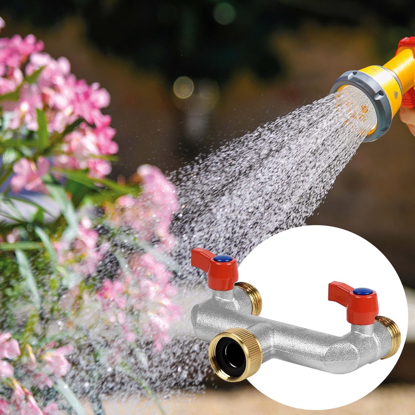 Grifo de jardín exterior con conector de manguera, divisor de latón de 3/4 de pulgada y 2 vías, conexión divisora ​​de manguera con 2 válvulas individuales de encendido/apagado y dos conectores rápido