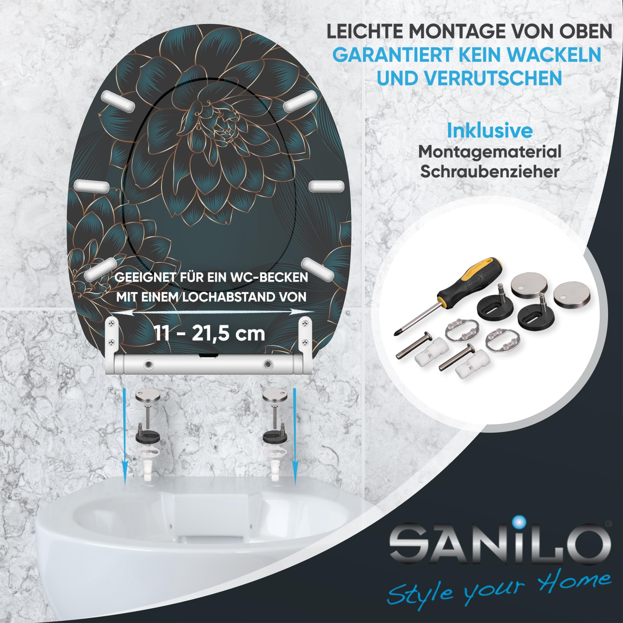 Sanilo WC Sitz mit Absenkautomatik, viele neue Toilettendeckel zur Auswahl, hochwertige Oberfläche, einfache Montage, stabile Scharniere (Dahlien)