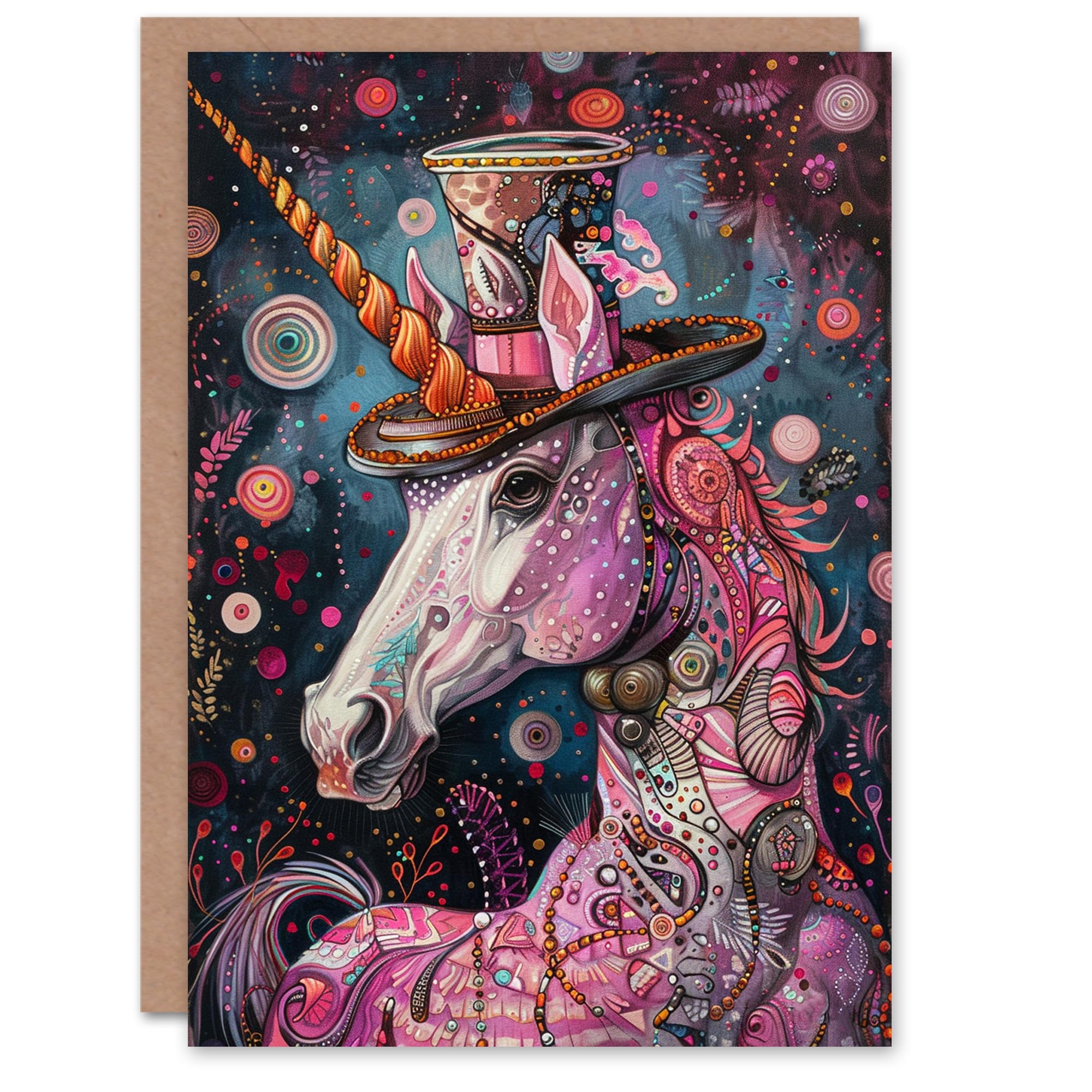 Artery8 Birthday Card Pink Unicorn Fantasy Illustration Pattern Top Hat Kids For Son Daughter Girl Boy Kids Happy Card