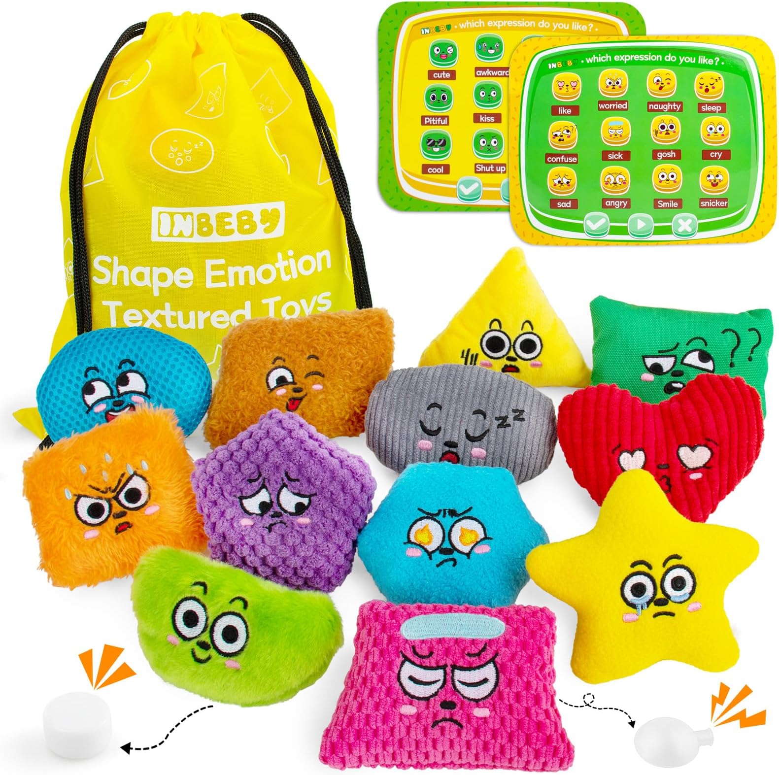 Sensory Bean Bags, 12 Fidget Sensory Toys with Emotion Cards for Autism, Texture Shape Sensory Bean Bags, Sensory Toys for Toddlers Kids Sensory Play Tactile Emotions Face Feelings
