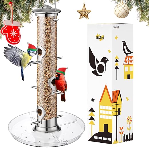 iBorn Bird Feeders Seed Catcher for Outside Hanging 6 Port Bird Feeder for Cardinal Birds Aluminium Metal,Brushed Nickle Finishing 14 Inch 6 Port (Seed is not Included)